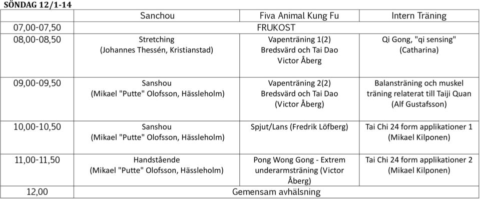 träning relaterat till Taiji Quan (Alf Gustafsson) 10,00-10,50 Sanshou (Mikael "Putte" Olofsson, Hässleholm) Spjut/Lans (Fredrik Löfberg) Tai Chi 24 form applikationer 1 (Mikael