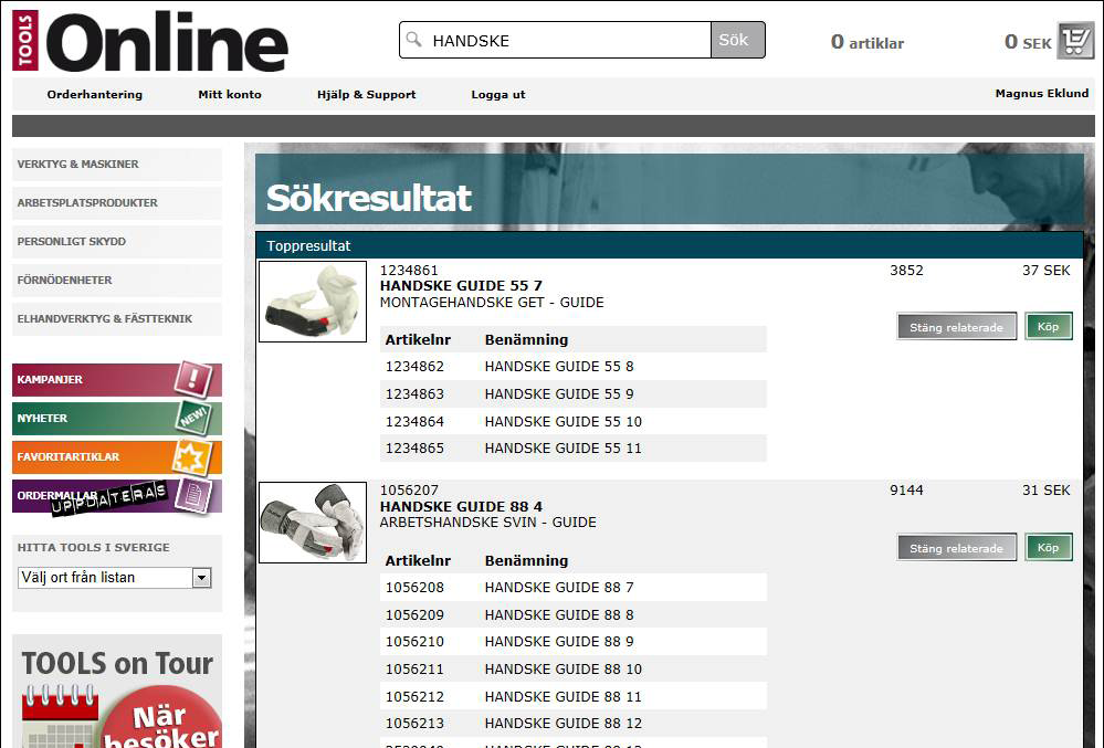 4. HITTA ARTIKLAR För att hitta artiklar på TOOLS Online kan du söka på benämning, varumärke, TOOLS artikelnummer, katalogartikelnummer och EAN kod. Du kan också leta produkter i menyn till vänster.