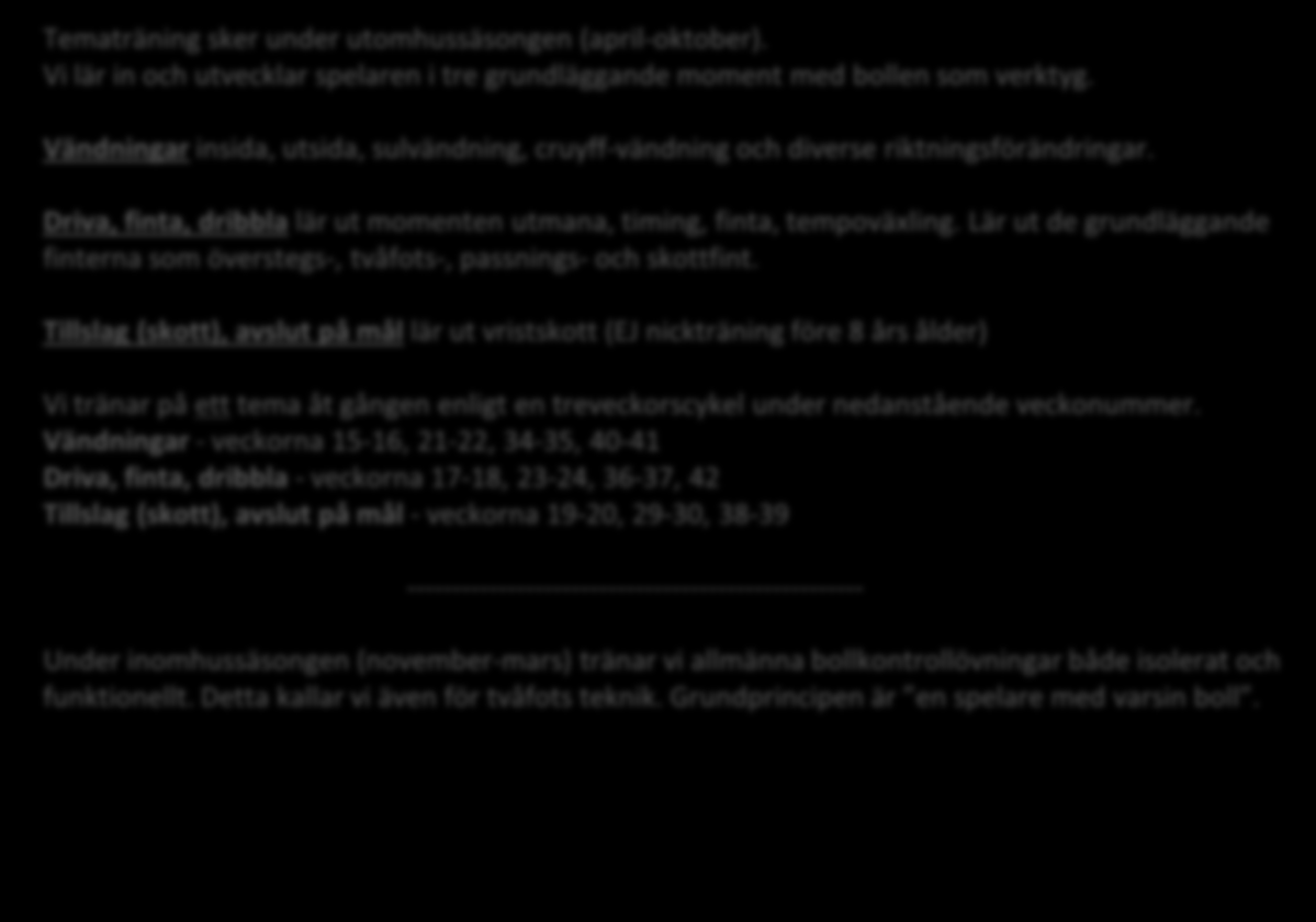 Tematräning vid utomhussäsong 1 april 31 oktober. Hammarby IF FF Knattefotboll. vändningar Tematräning sker under utomhussäsongen (april-oktober).