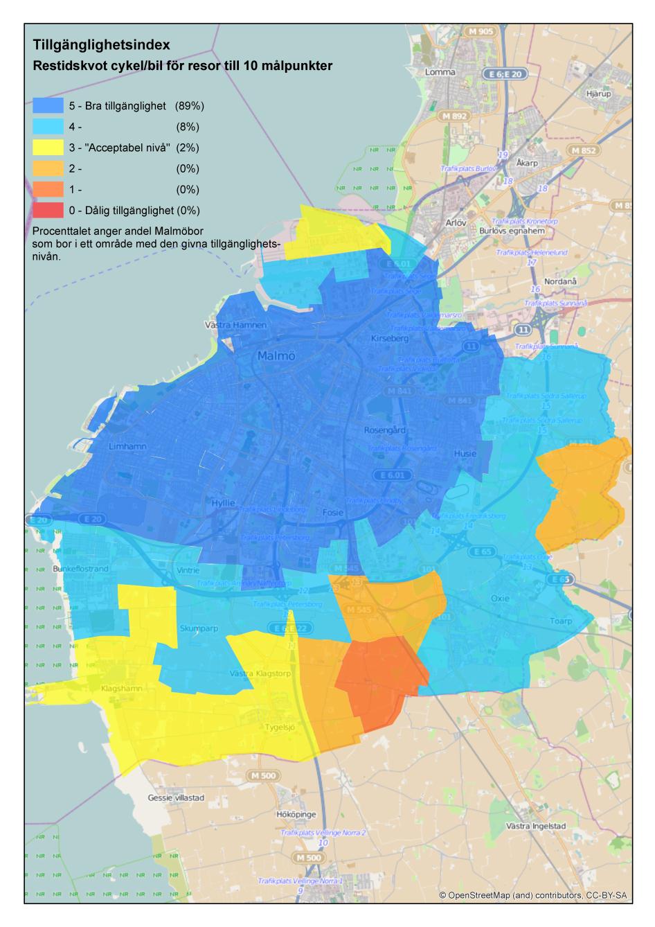 3. Restidskvot cykel/bil för resor till 10 målpunkter Restidskvot (cykel/bil) Poäng