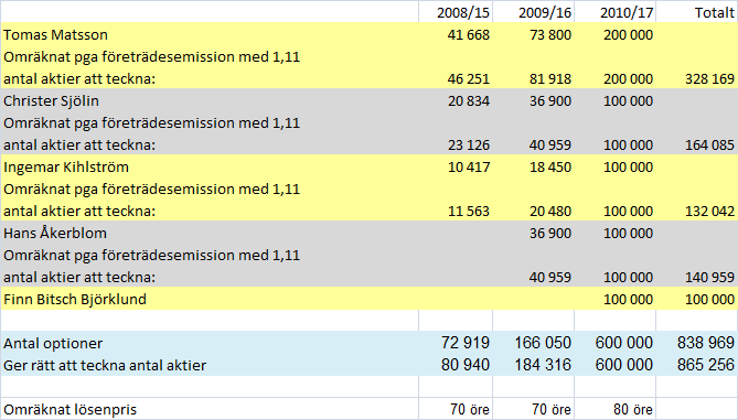 Styrelseaktieägarprogrammen Fyra styrelseaktieägarprogram finns för 2008, 2009, 2010, samt 2011.