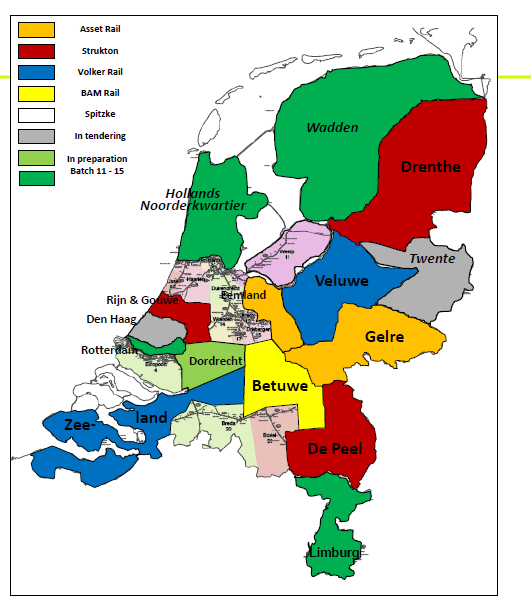 Figure 1 The rail maintenance areas in the Netherlands. Source: ProRail.