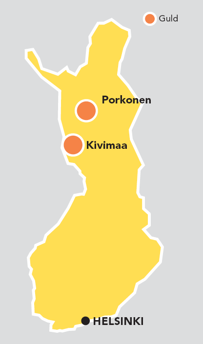 Porkonen, Kivimaa - inmutningar med potential Kivimaa Inmutningarna 730 hektar Outokumpu provbrytning 22 000 ton, 5,3 g/t guld, 1,87 procent koppar Stort antal guldindikationer