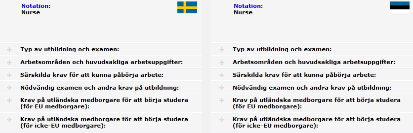 Tjänster för arbetsgivare och experter 7 När du har valt ett yrke (t.ex. sjuksköterska i Sverige) genom snabbsökning eller detaljerad sökning kan du klicka på Markera yrke för jämförelse och det läggs till jämförelselistan.