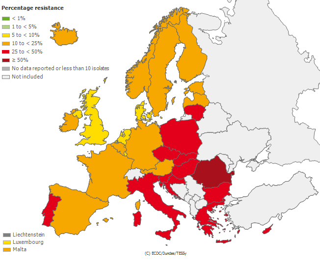 Proportion of Carbapenems Resistant Pseudomonas aeruginosa 2014 Annual antimicrobial resistance surveillance reports. http://ecdc.europa.