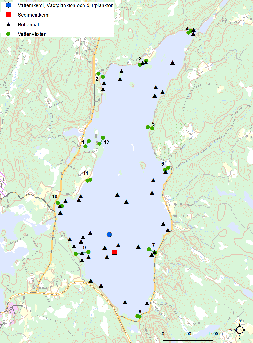 Figur 1. Karta över provtagning i Östra Nedsjön 215. Bakgrundskarta Lantmäteriet. Tabell 2. Provstationerna i Östra Nedsjön 215. Koordinater angivna i SWEREF 99TM.