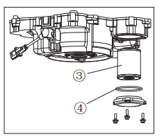 SERVICE / UNDERHÅLL OLJEFILTER BYTE 1. Använd nyckel för att skruva bort 3 bultar (1) enligt bild Ta sedan bort skyddet (2) och skruva loss filtret (3) 2.