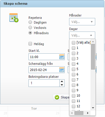 Sida 112 / 158 Man kan sedan välja vilka specifika dagar under den månaden eventet skall finnas bokningsbart. Start kl. Slut kl.