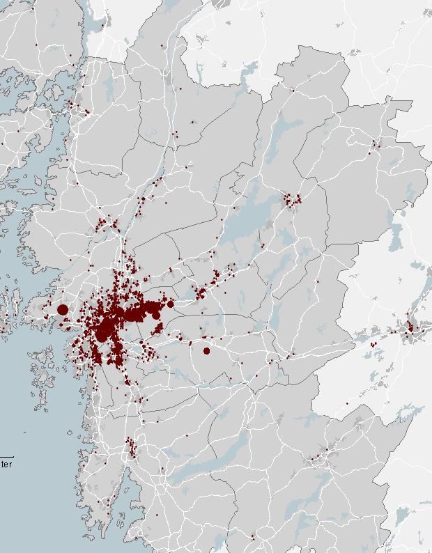 8(39) Införande av trängselskatt Figur 2.2: Arbetsplatsens lokalisering för de som bor i Alingsås. Källa: CTH. Figur 2.3: Arbetsplatsens lokalisering för de som bor i Lerum.