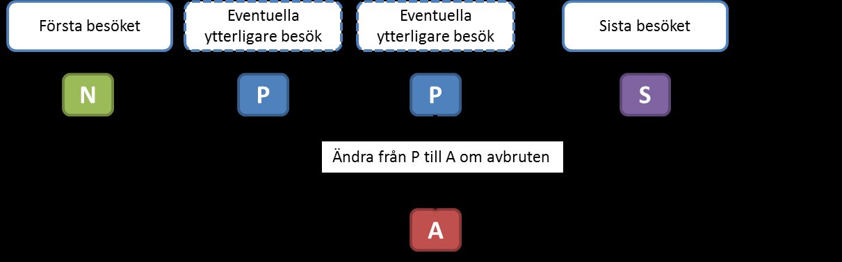 Hur vårdepisoder registreras Vad menas med vårdepisodstatus? Med vårdepisodstatus menas ordningsföljden av besöken i en vårdepisod. Det första besöket märks alltid med N Ny vårdepisod.