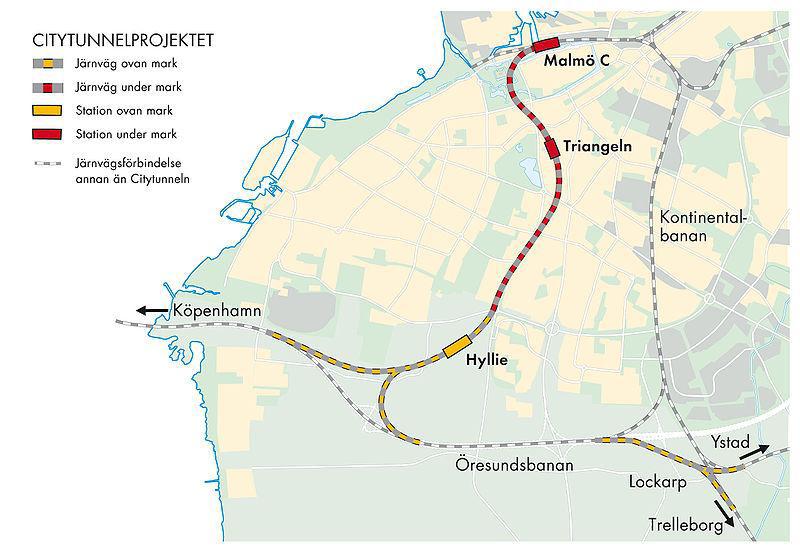 järnvägsförbindelse mellan Malmö centralstation och Öresundsbron, med två nya stationer i Malmö: Triangeln och Hyllie. Tunneln innebär att restiden till Köpenhamns flygplats har förkortats.