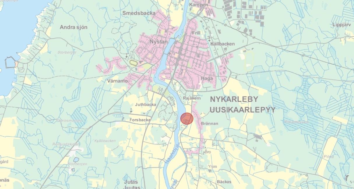 1-5 2. PLANLÄGGNINGSOBJEKT OCH INFLUENSOMRÅDE Planläggningsområdet ligger i Nykarleby stad. Området benämns Drakabacka.