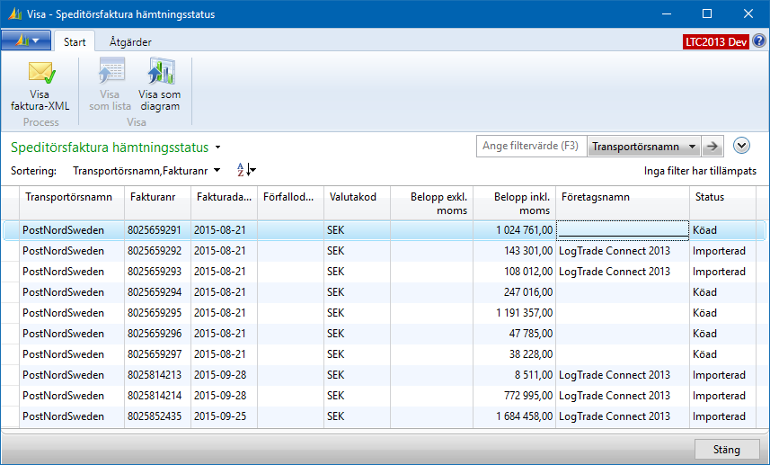 9.1 Hämta fakturor från LogTrade LogTrade Connect stödjer i standard import från LogTrade on-line via XML-port. Det ingår i standardinstallationen.