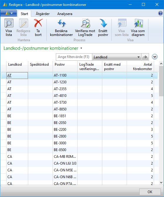 12.3 Postnummerkontroll Med funktionen för postnummerkontroll kan samtliga postnummer i systemet verifieras mot LogTrade.