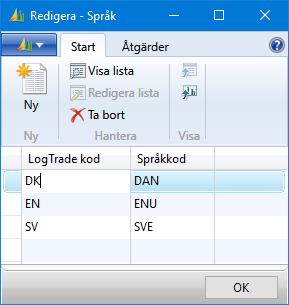 13.12 Språk Visar en lista över tillgängliga språk i LogTrade och mappning till språkkod i NAV. Om användarens språk i NAV återfinns i denna tabell används den mappade LogTrade-koden.