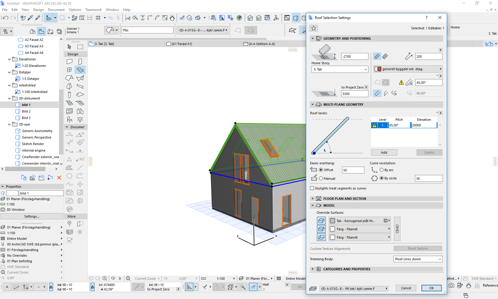 ÖPPNA 3D-FÖNSTRET. MARKERA DE ELEMENT DU VILL ÄNDRA YTSKIKT PÅ. ÖPPNA INSTÄLLNINGAR OCH FLIKEN MODELL.