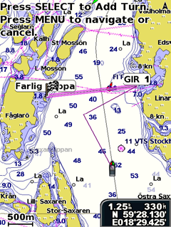 Vart? 4. Tryck på SELECT. Upprepa det här steget om du vill lägga till fler girar. 5. Tryck på MENU för att avbryta, för att ångra den sista giren eller för att börja navigera efter rutten.