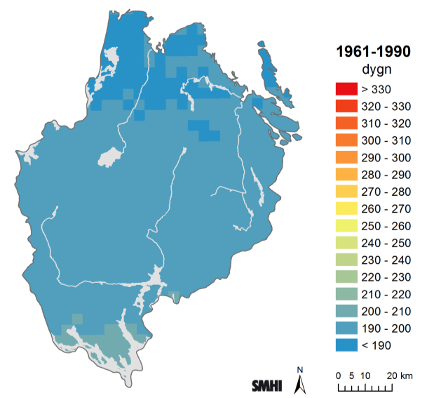 Figur 5.1-8. Vegetationsperiodens längd med tröskelvärde 5 C (antal dygn per år), observerat för 1961-1990 (vänster karta) och beräknat för 2069-2098 (höger karta). Värdena avser 30- årsmedelvärden.