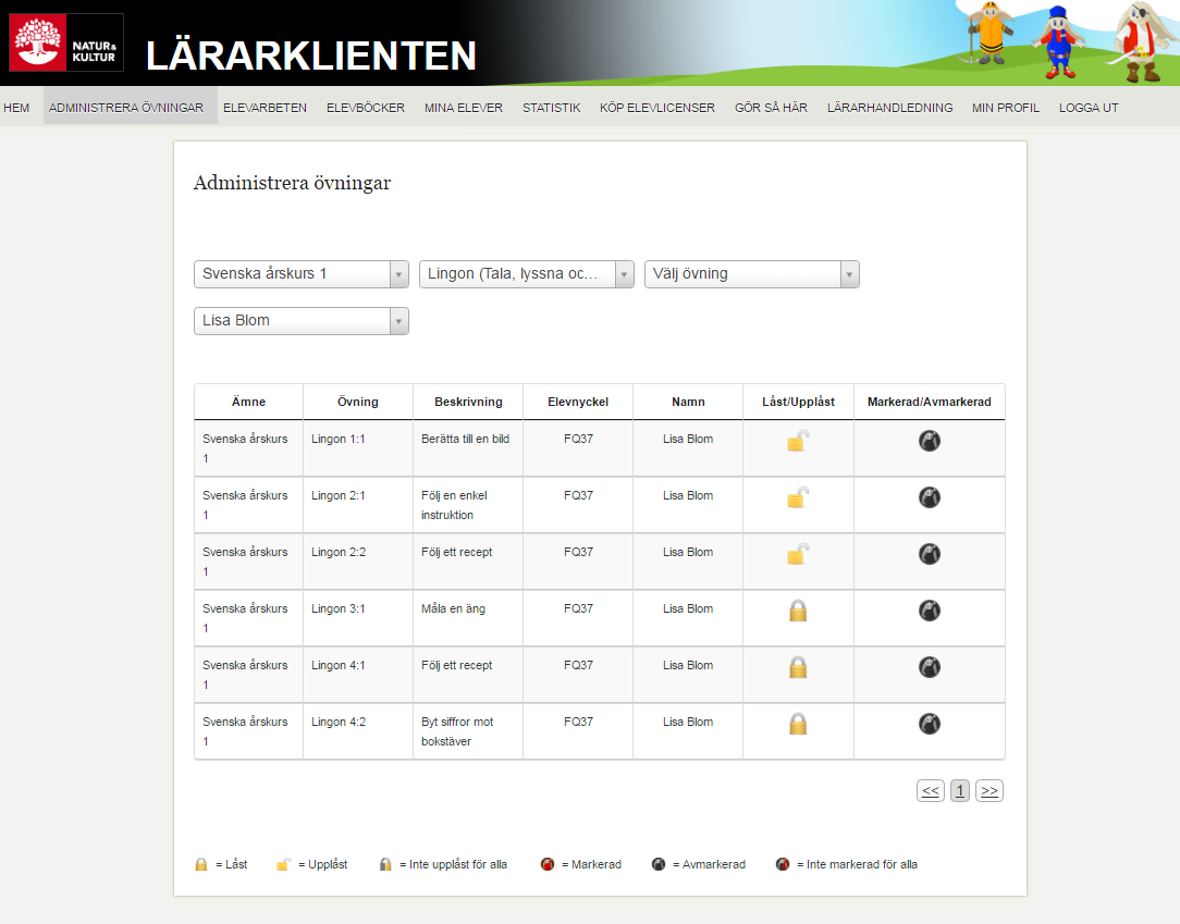 13. Lås upp övningar för eleverna Bären med övningarna är från början låsta för eleverna.