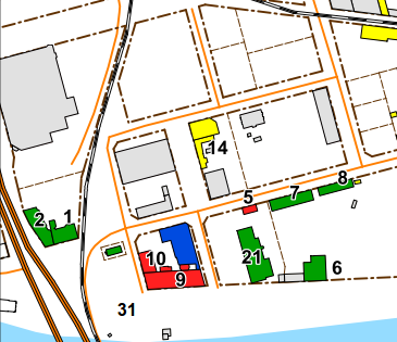 Figur 1. Utdrag från karta tillhörande tidigare utförd byggnadsinventering (Norrköping 2012). Byggnad 5, 6, 7, och 8 har undersökts med avseende på inomhusluft och radon. 2 Byggnadshistorik 2.1.1 Byggnad 5 Byggnad 5 byggdes 1862 och var från början ett laboratorium fram till 1964.