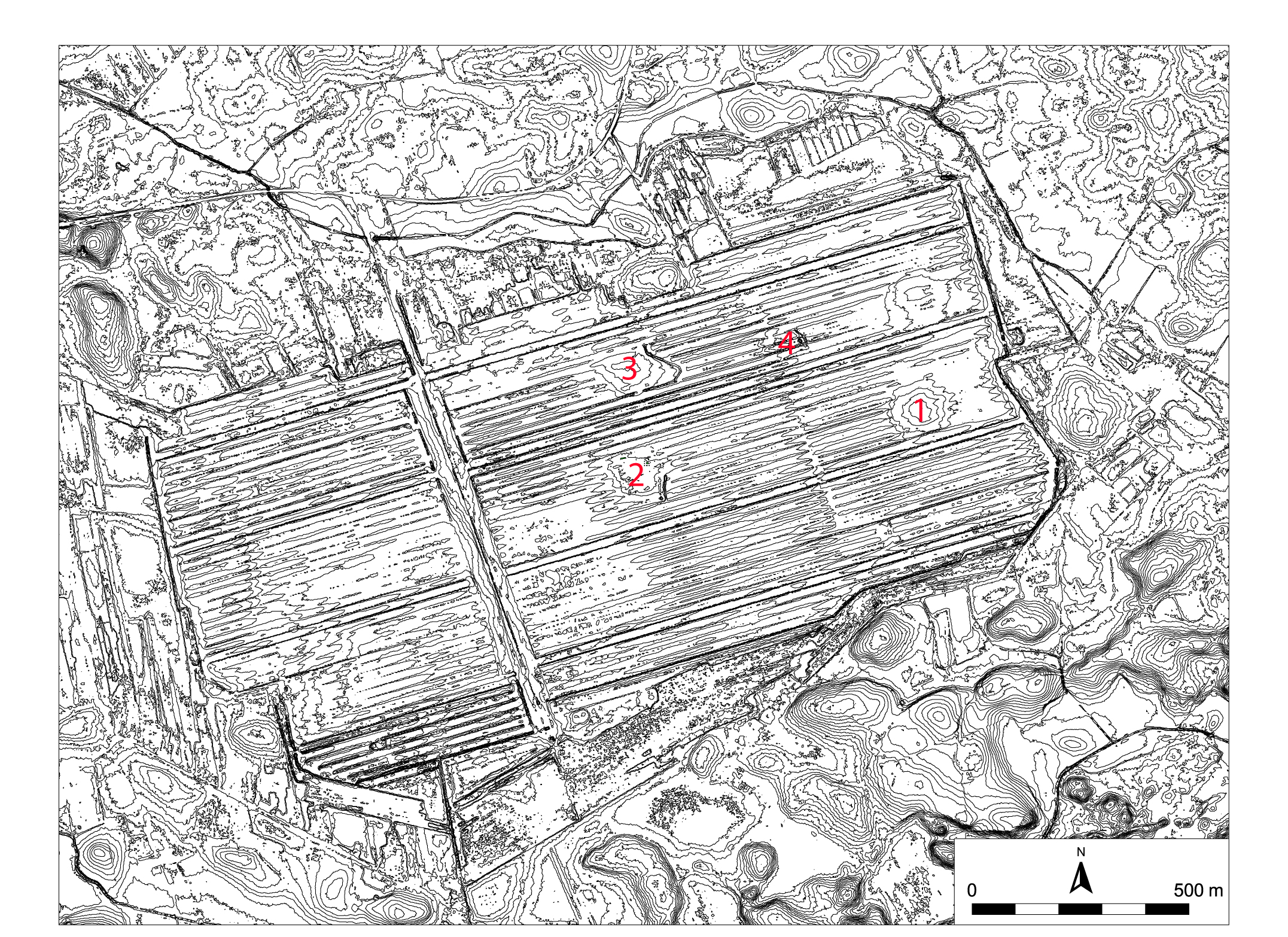 Fig. 2. Topografisk karta över torvtäkten på Viss mosse med boplatsområdena markerade. Moränhöjderna ute i täkten framträder tydligt som små öar.