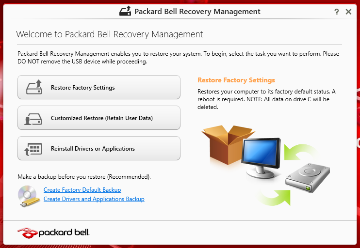 Anpassad återställning med Packard Bell Recovery Management 1.