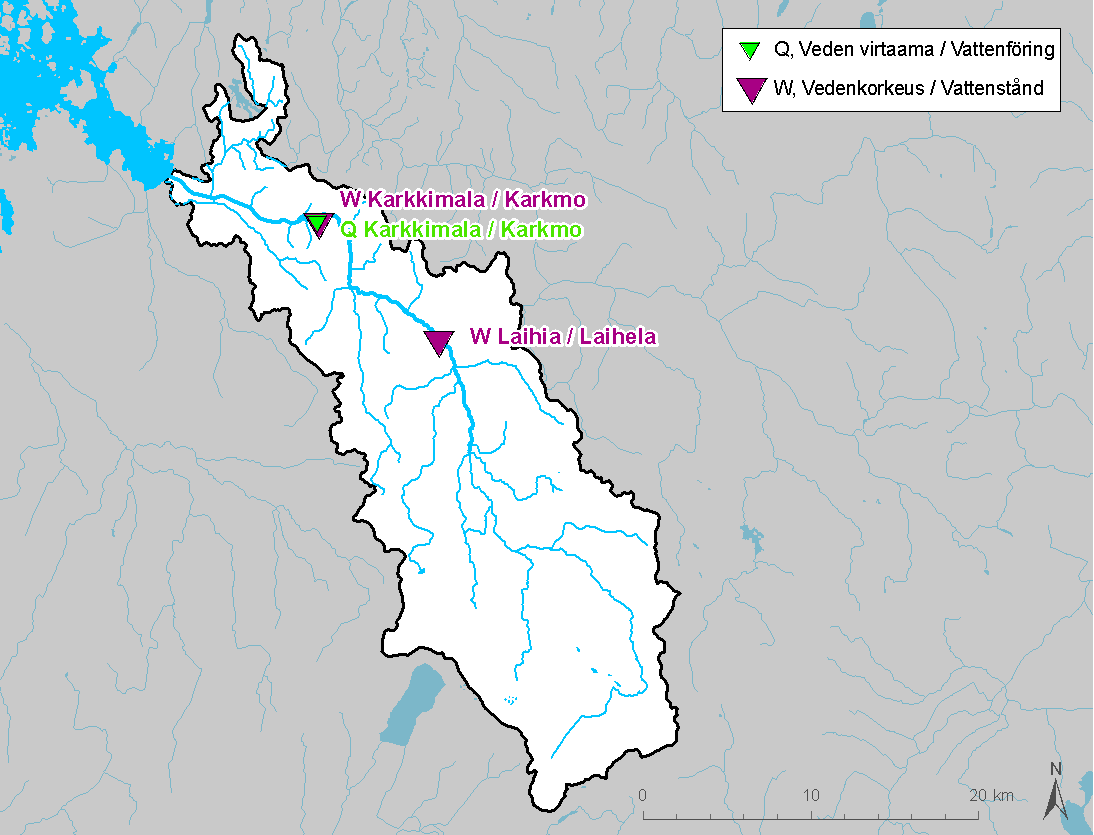 Bild 12. Mätstationer för vattenstånd och vattenföring i Toby-Laihela å år 2014. (Finlands miljöcentral; NTM-centralen i Södra Österbotten 2014).