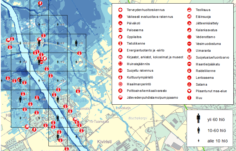 7.1.2 Kartering av översvämningsrisker på avsnittet Laihela-Runsor samt i bifurkationsområdet mellan Toby-Laihela å och Kyro älv och bedömning av skador En karta över översvämningsrisk visar den risk