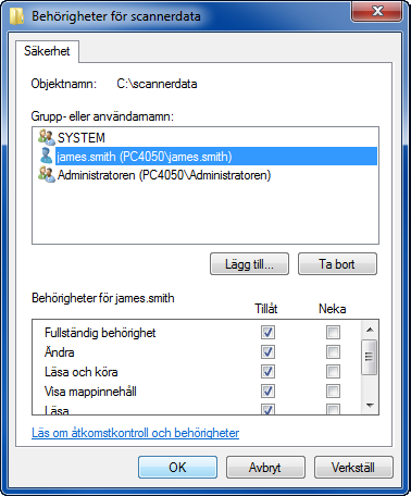 Skicka > Förbered för att skicka ett dokument till en PC 4 3 Välj den angivna användaren, välj Ändra och Läs tillstånd. I Windows XP, gå till steg 6. OBS!