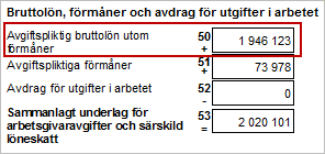 Avstämning bruttolön Ruta 50 på arbetsgivardeklarationen, Avgiftspliktig bruttolön utom förmåner, ska stämmas av mot det värde som finns i ackumulator 111 Kontant Bruttolön.