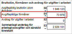 Avstämning förmåner Ruta 51 på arbetsgivardeklarationen, Avgiftspliktiga förmåner, ska motsvara summan av ackumulerade värden från: 113 Bilförmån utom drivmedel 118 Drivmedelsförmån vid bilförmån 141