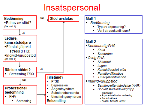 Algoritm gällande krisstöd för insatspersonal Praktiskt krisstöd till insatspersonal kan också sammanfattas i en algoritm (efter Nash et al. 2012). Se Figur 14 