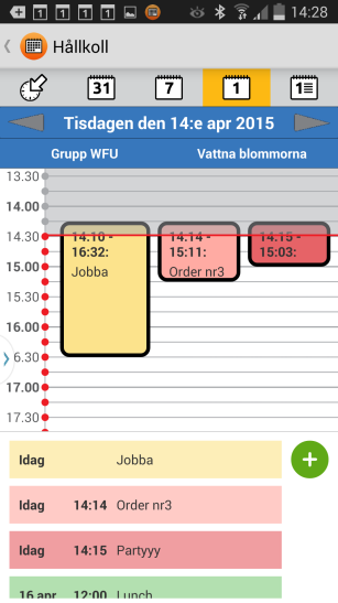 Till vänster om kalenderdatumen redovisas veckonumren i månaden. Dagens datum är gulmarkerat. Föregående dagar är mörkare. Söndagar har röda datum.