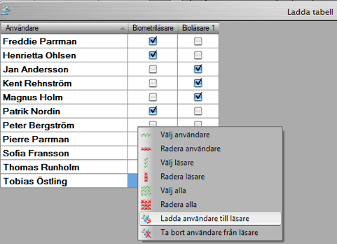 8.12 Tabell för att ladda upp flera användare Det går att skapa tabell för att ladda upp flera användare till flera läsare. Klicka på Ladda upp tabell i huvudmenyn.