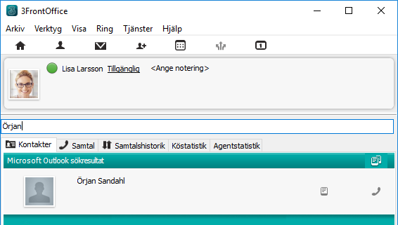 i Softphone Visa Outlook-kontakter i katalogen Du kan välja att visa dina egna, lokala kontakter som du har i Outlook i katalogen. Du kan då enkelt kommunicera även med dessa direkt i Softphone.