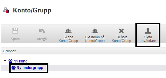 Flytta användare En användare kan flyttas mellan olika nivåer (översta nivå och grupper). En användare ärver behörigheten som finns på det kontot som han/hon flyttas till.