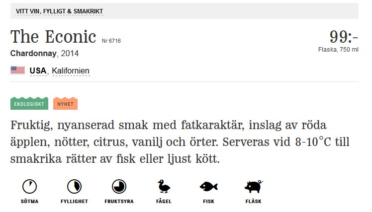 1. The Econic Ovansiljan Alkoholhalt 14 % Färg Ljus, gul färg. Doft Fruktig, nyanserad doft med fatkaraktär, inslag av röda äpplen, nötter, apelsin, smör och örter.