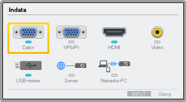 Projektorns grundläggande funktioner 3. Välj en en indatasignal och tryck sedan på [Enter].