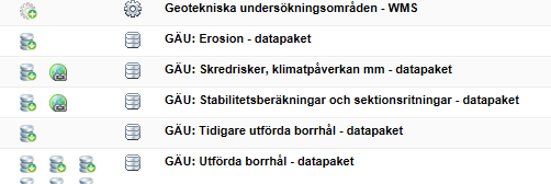 Leveranspaket "Skredriskpaketet" "Borrhålspaketet GÄU" (kommunvis) "Borrhålspaketet tidigare undersökningar "Stabilitetsberäkningspaketet" (pdf) Dagens risker, polygoner Klimatpåverkan, polygoner