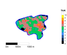 Figur 5-4. Karta över Äspö visandes variationer i kvoten mellan torium och kalium. 5.3 Helikopter EM-data Områden med olika nivåer av skenbar resistivitet beräknad ur imaginärkomponenten av 6606 Hz koplanara ramar presenteras i Figur 5-5.