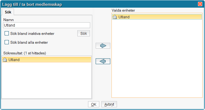 Klicka på knappen Ändra. En dialogruta för att lägga till eller ta bort medlemskap kommer upp. I fältet namn skrivs aktuellt medlemskap, d.v.s. Utland, Utvandrad eller Tillståndslös. Klicka på Sök.