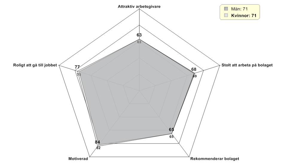 Motivation Motivationsindex innefattar följande frågor: o Bolaget/förvaltningen/resultatenheten är en attraktiv arbetsgivare o Jag är stolt över att arbeta på bolaget/förvaltningen/resultatenheten o