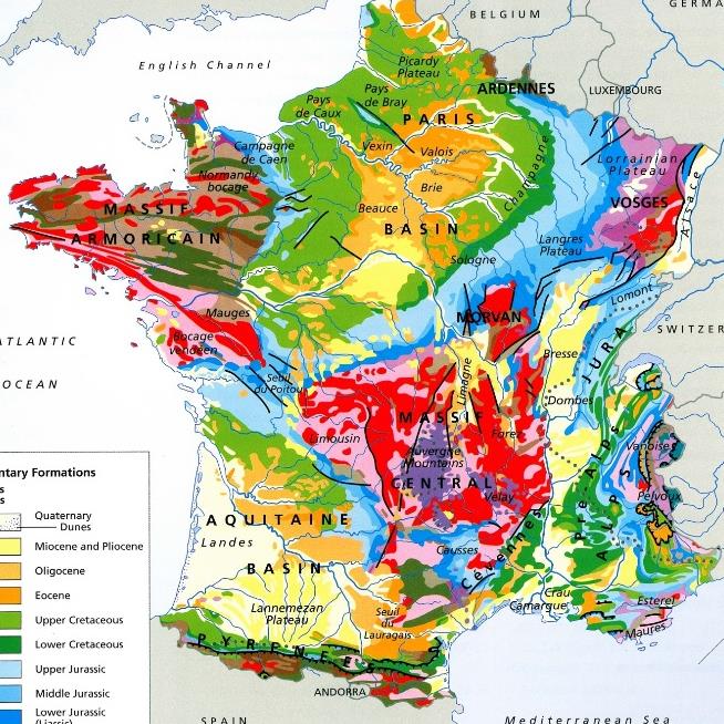 Vinregioner i Frankrike Centralmassivet Sedimentationsbassäng Paris-bassängen 3000 m djupt Chablis Aquitaine-bassängen 2000 m