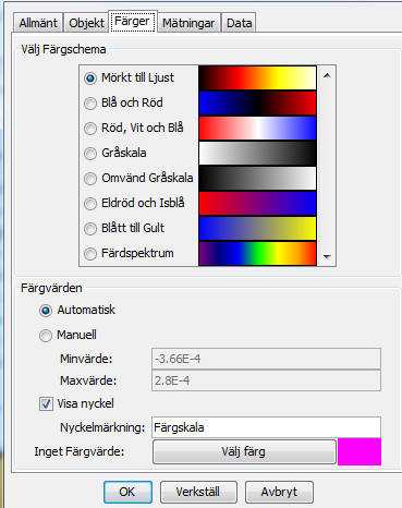5.5 Ytdiagram Ytdiagram visar mätdata representerade med olika färgschemapaletter där färgen visar i vilket intervall mätvärdena ligger. 5.5.1 Egenskaper Flik Allmänt Se 4.4.1, sidan13.
