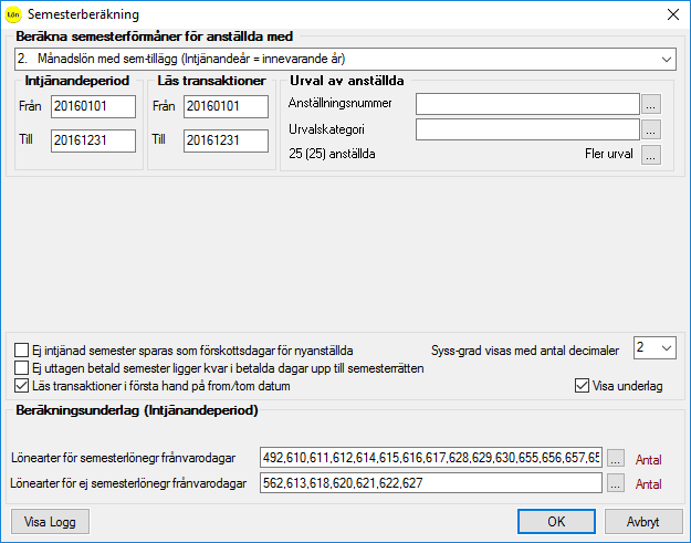 Programmet räknar fram antal intjänade semesterdagar under angiven period.