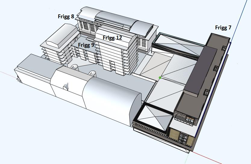 En ny byggnadskropp är tänkt på Frigg 8-12 och byggnaden på Frigg 7 är tänkt att byggas på med ytterligare tre våningar kompletterat med tre våningar höga byggnader mot Skolgatan och Nygatan.