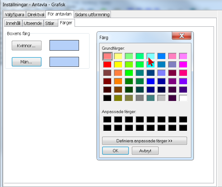 Inställningar för antavla - färger På fliken Färger väljer du bakgrundsfärgen som kan