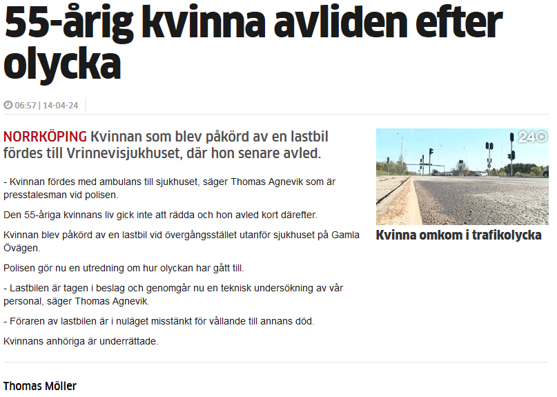 Artikel och reportage om "55 årig kvinna avliden