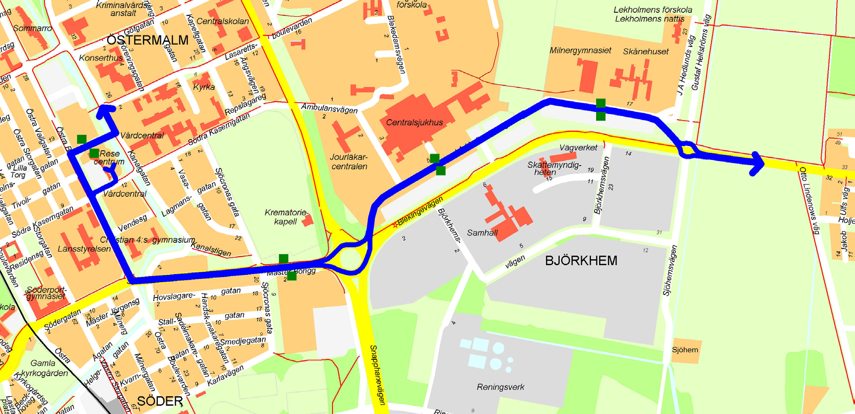 Förslag alternativ 2: Gemensam körväg via JA Hedlunds väg Både stadsbusslinje 1, SkåneExpressen 4 och regionbussarna (linje 551 och 558) får även i detta alternativ en ny gemensam körväg hela vägen