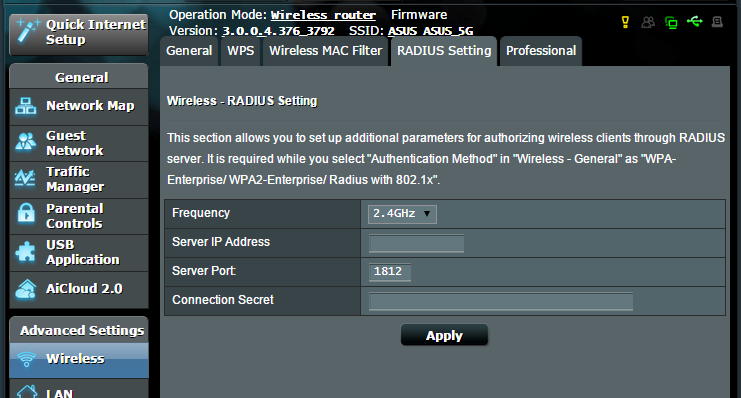 4.1.4 RADIUS-inställning RADIUS-inställning (Remote Authentication Dial In User Service) ger ett extra säkerhetslager när du väljer WPA-Enterprise, WPA2- Enterprise eller Radius med 802.